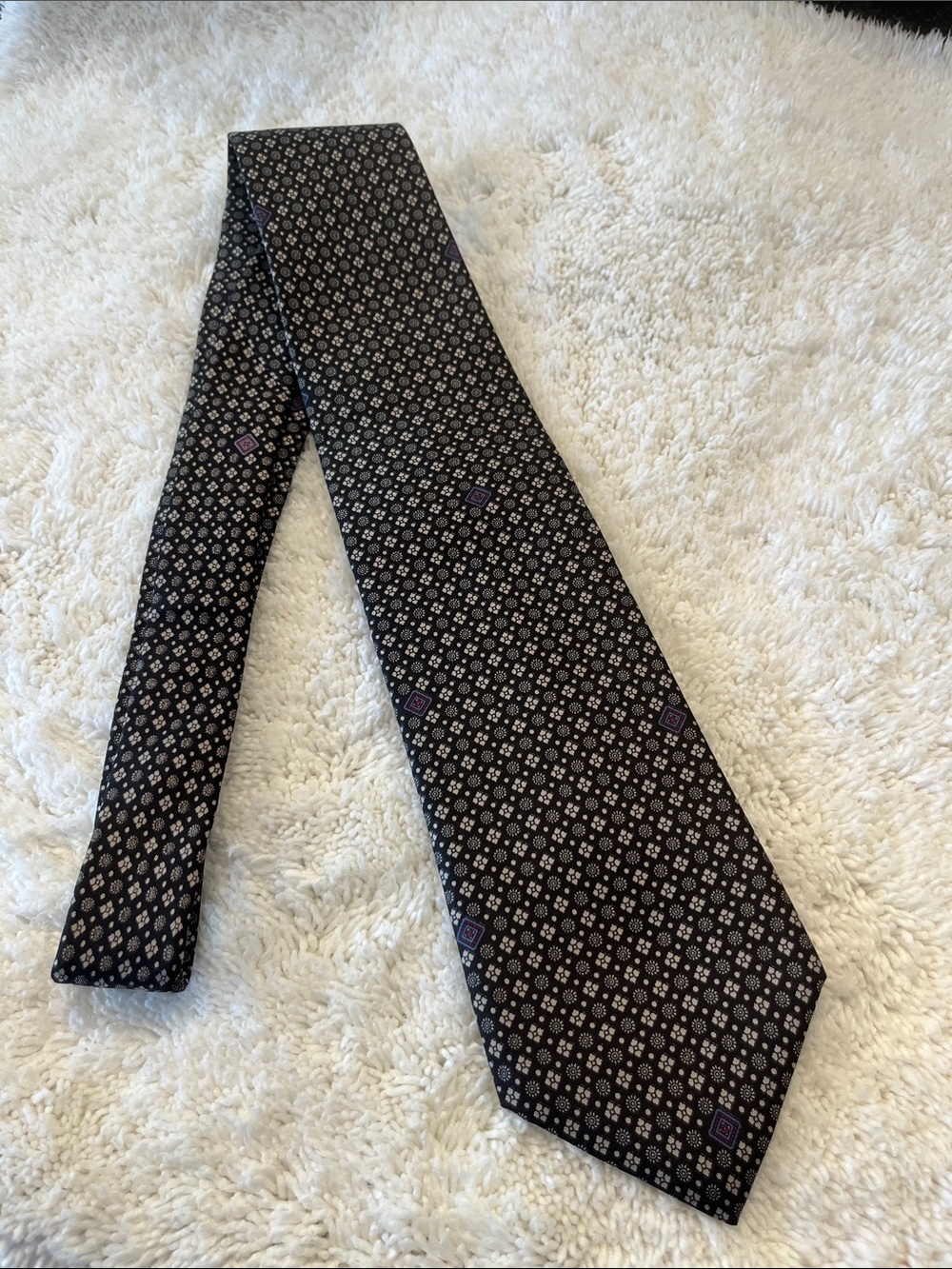 Pierre Balmain Black Silk Tie with White Geometric Motif and Purple Accents